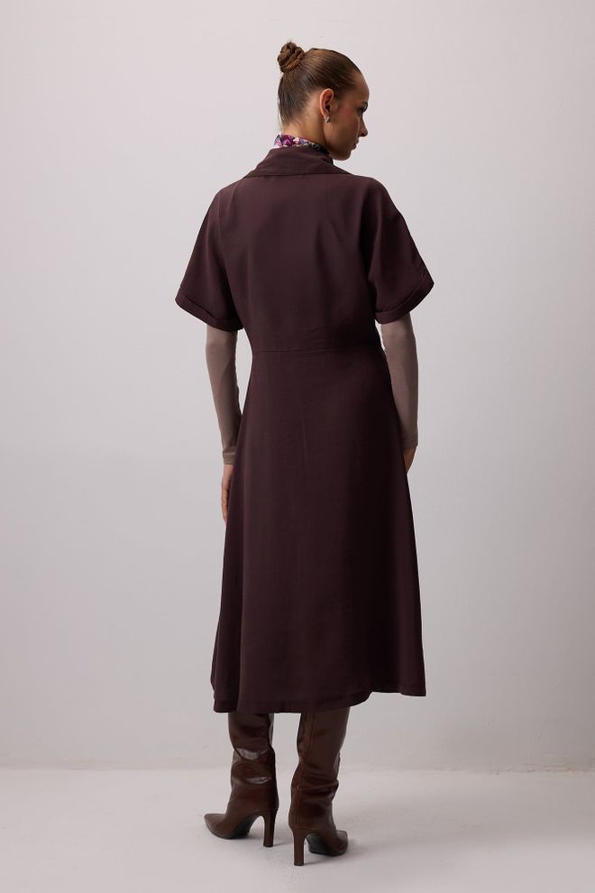 Touche Prive Bordo Zarif Tesettür Gömlek Elbise Midi Toptan Giyim Tesettür