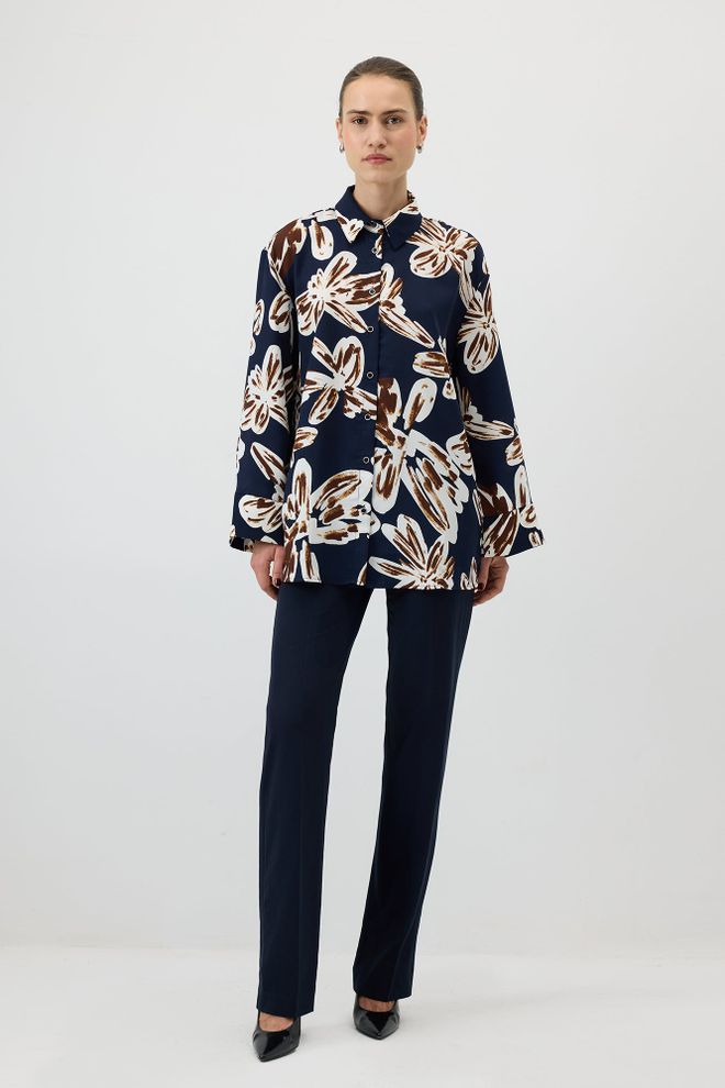 Touche Prive Lacivert Çiçekli Bol Kesim Polo Yaka Gömlek Toptan Giyim Gündelik