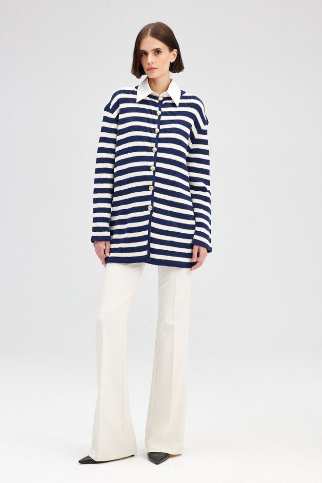 Touche Prive Navy Blue Cardigan With Striped Pattern Wholesale Clothing Spring
