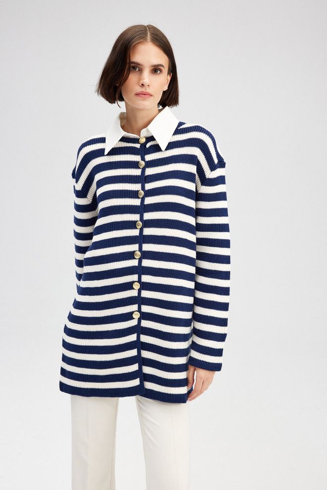 Touche Prive Navy Blue Cardigan With Striped Pattern Wholesale Clothing Lounge