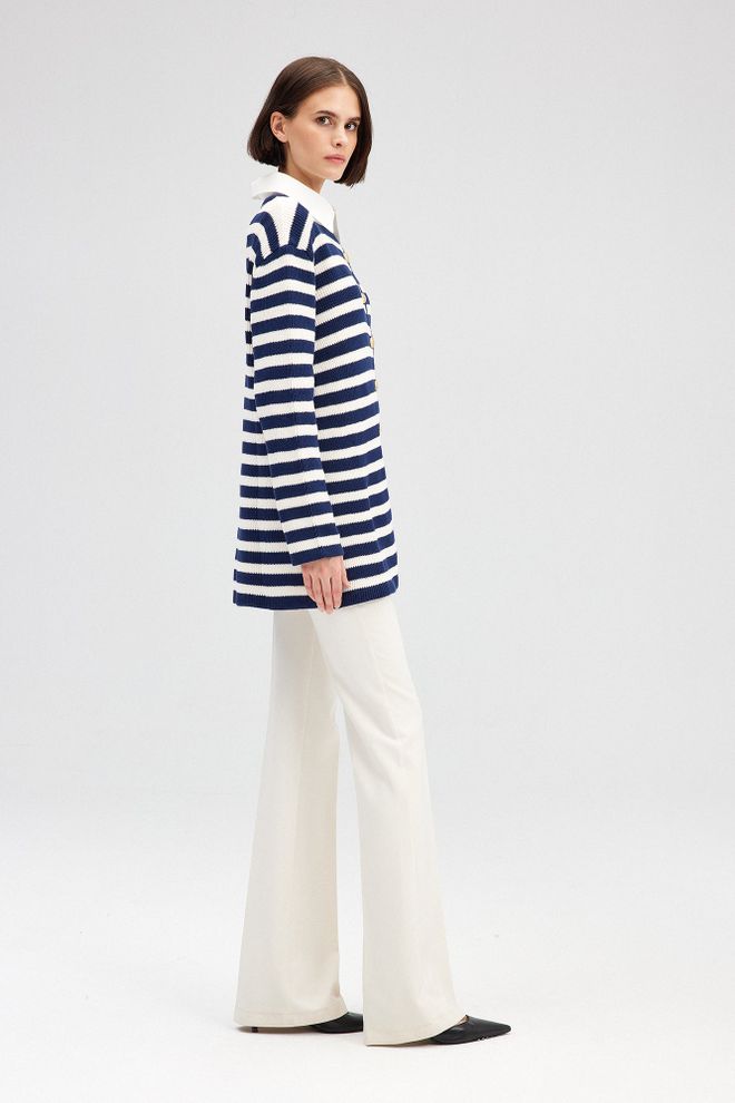 Touche Prive Navy Blue Cardigan With Striped Pattern Wholesale Clothing 1