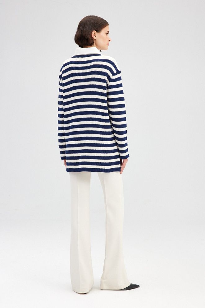 Touche Prive Navy Blue Cardigan With Striped Pattern Wholesale Clothing Vintage