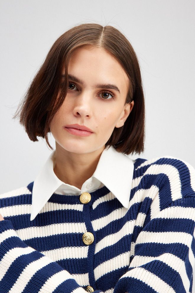 Touche Prive Navy Blue Cardigan With Striped Pattern Wholesale Clothing 5