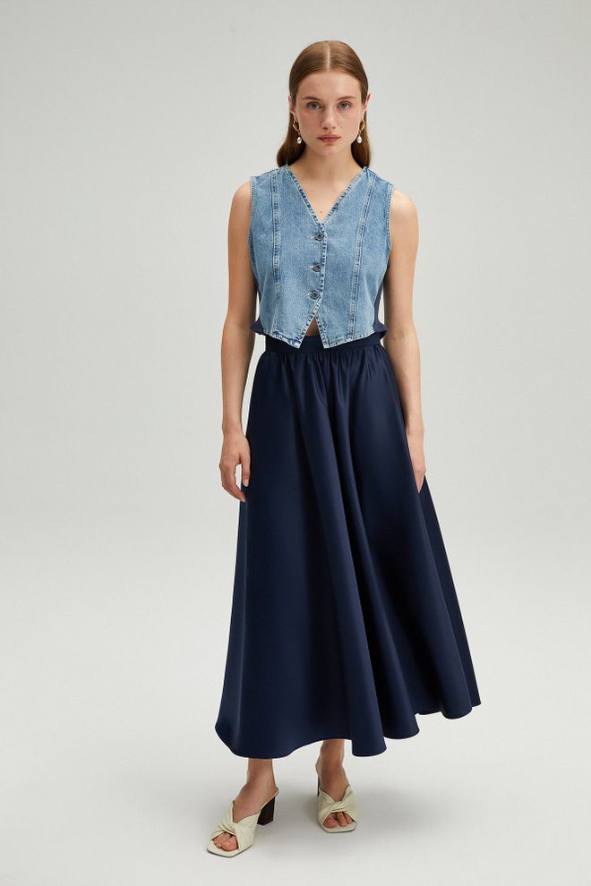 Touche Prive Lacivert Yüksek Bel Flared Maxi Etek Toptan Giyim Gündelik