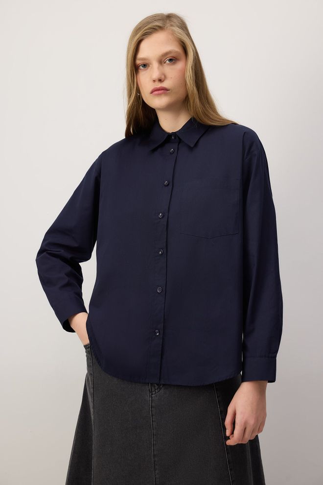 Touche Prive Cămașă Bleumarin Casual Preppy Oversized Cu Guler Polo Îmbrăcăminte cu ridicata Casual