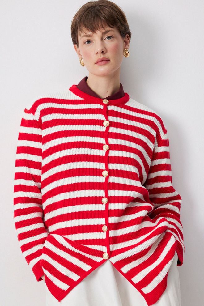 Touche Prive Rdeč Priložnostni Vintage Črtasti Jopica Oblačila na debelo Ležerno