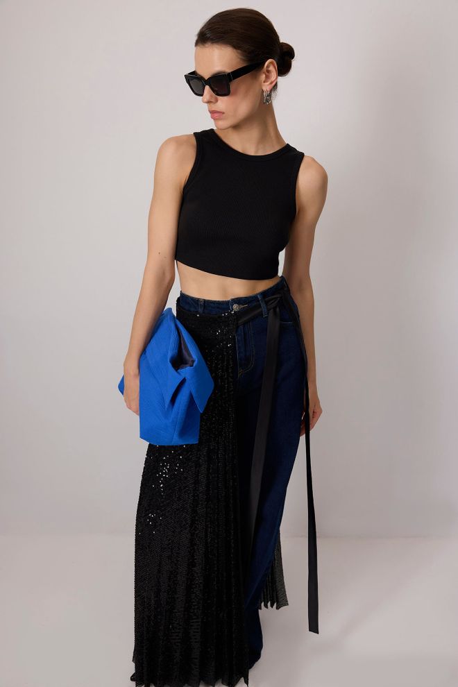 Touche Prive Siyah Payetli Crop Top Ve Japone Kolu Toptan Giyim Gündelik