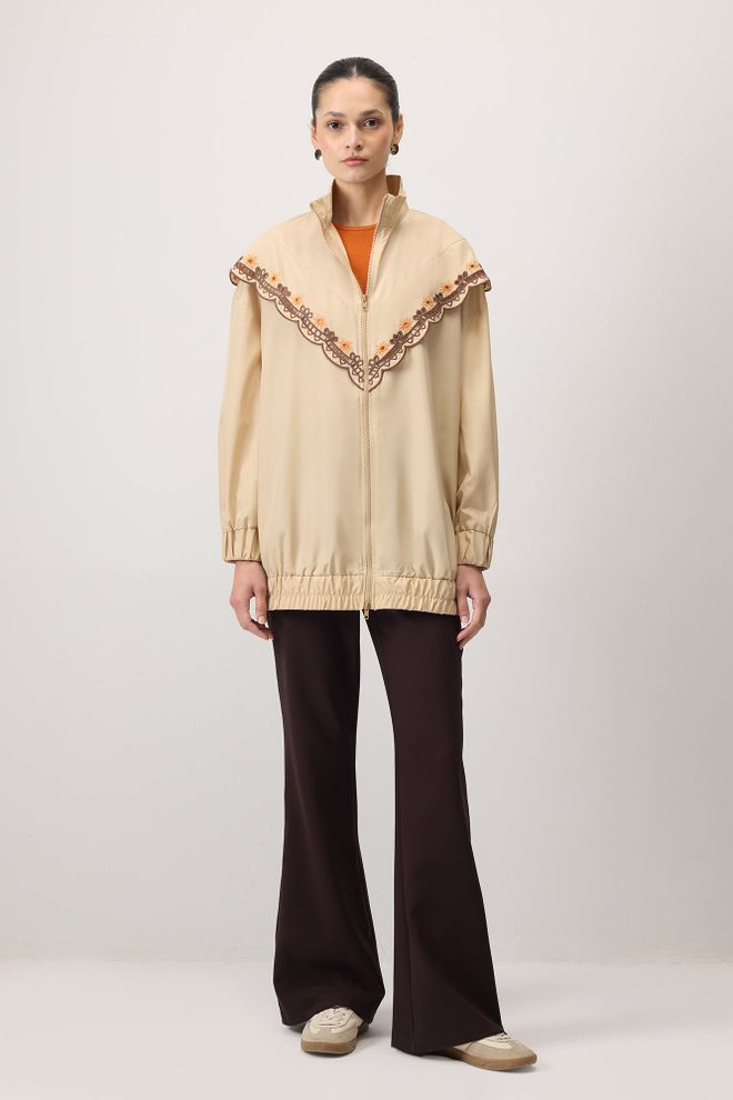 Touche Prive Beige Raincoat With Floral Ethnic Oversized Fit Wholesale Clothing Boho