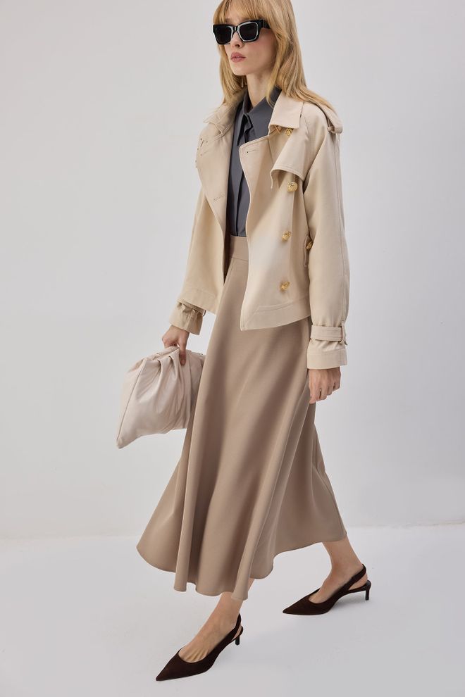 Touche Prive Bej Zarif Yüksek Bel Midi Kloş Etek Toptan Giyim Tesettür