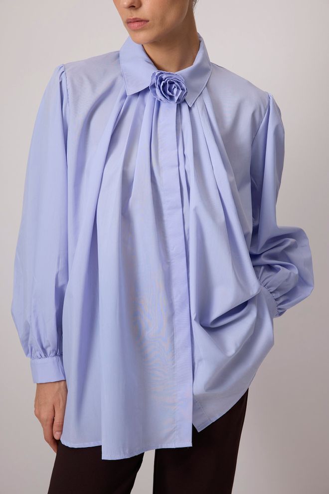 Touche Prive Blue Elegant Buttoned Polo Neck Shirt Wholesale Clothing Spring