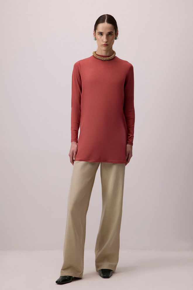 Touche Prive Brown Elegant Modest Tunic With High Neck Wholesale Clothing Lounge