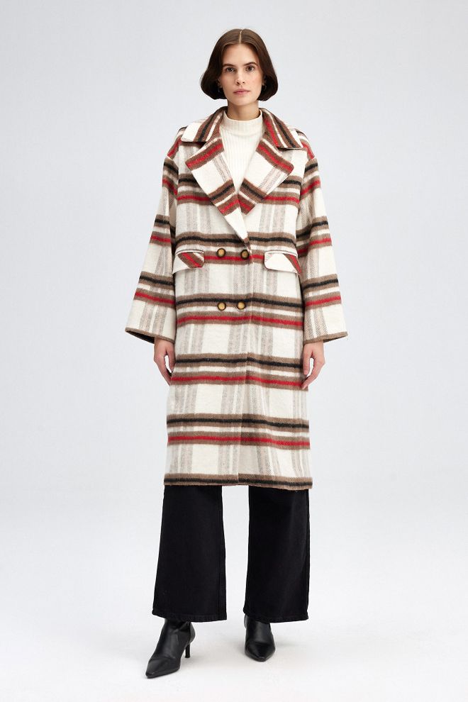 Touche Prive Беж Двоструко Груди Карирани Капут Са Џеповима Са Преклопом Велепродаја одеће Неформалан