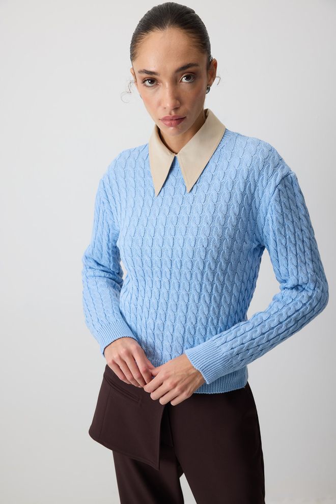 Touche Prive Mavi Polo Yaka Kazak Zarif Ve Gündelik Stil Toptan Giyim Gündelik