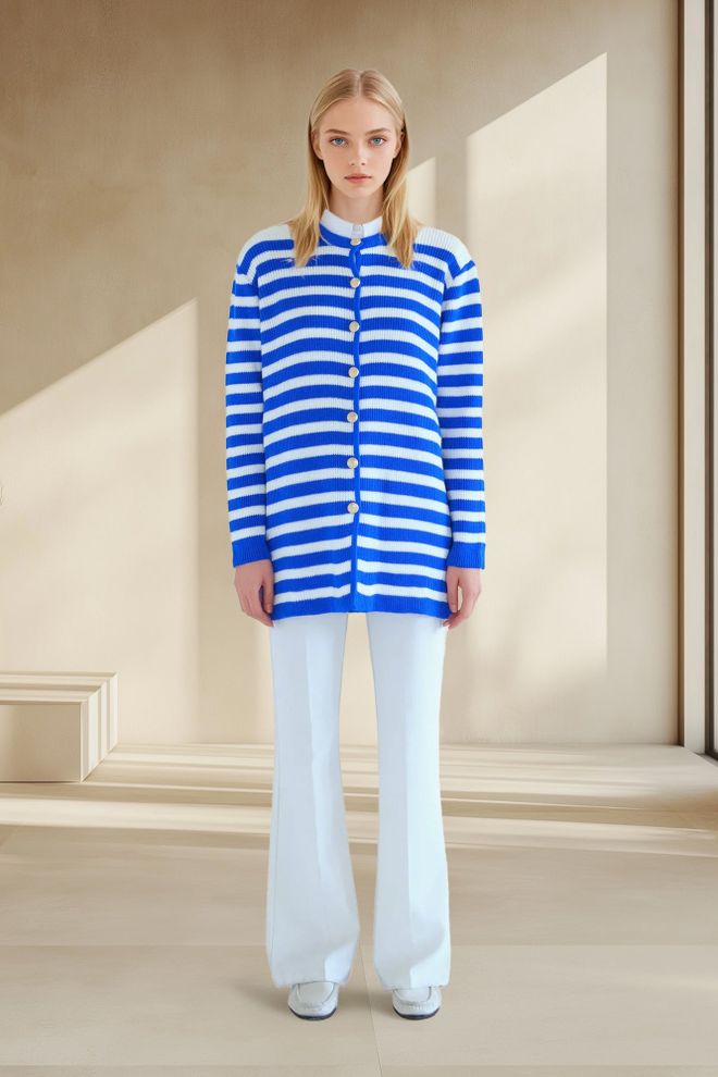 Touche Prive Blau Gestreifte Oversized Passform Strickjacke Großhandelskleidung Lässig