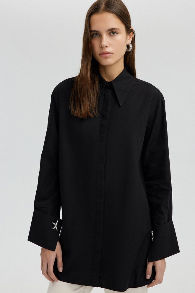 Touche Prive Çentikli Yakalı Siyah Bol Kesim Resmi Gömlek Toptan Giyim Gündelik