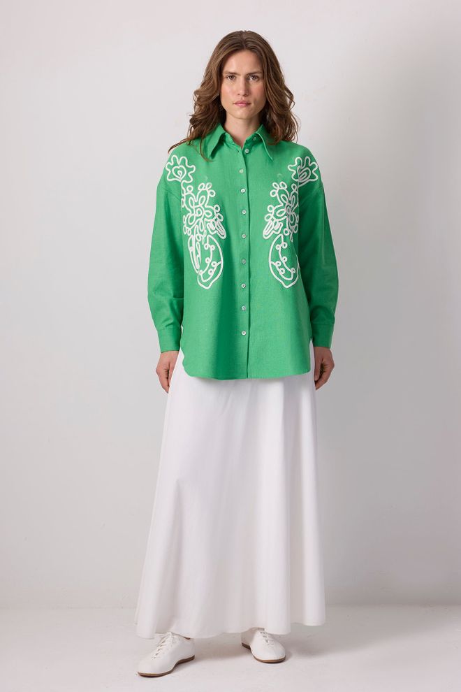 Touche Prive Chemise Verte Boutonnée Col Polo Oversize Manches Longues Vêtements en gros Décontracté