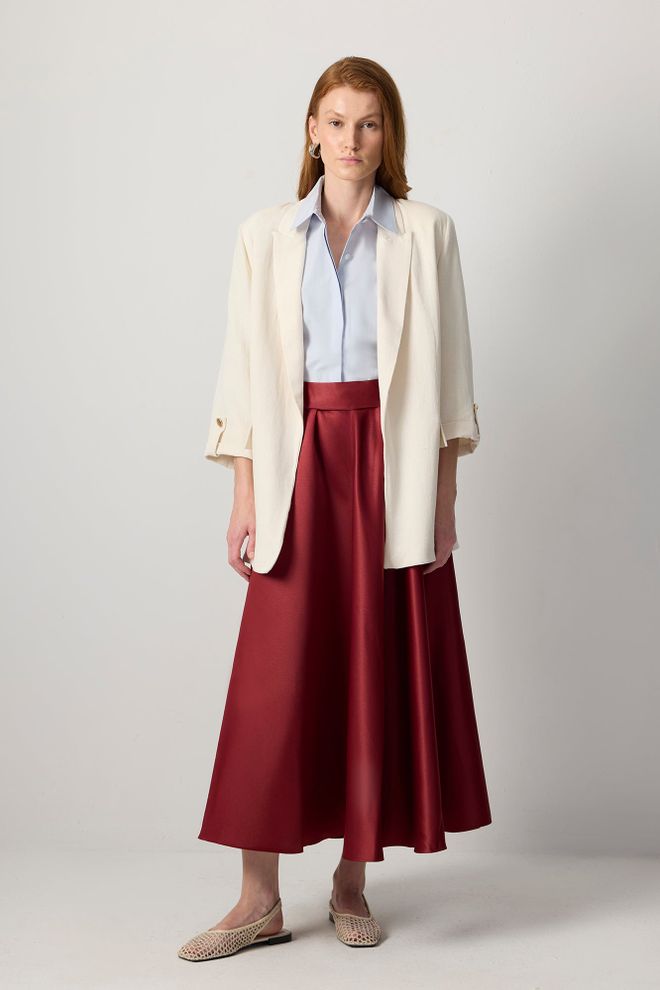 Touche Prive Bordo Rdeča Eleganten Razširjen Midi Krilo Z Visokim Pasom Oblačila na debelo Skromno