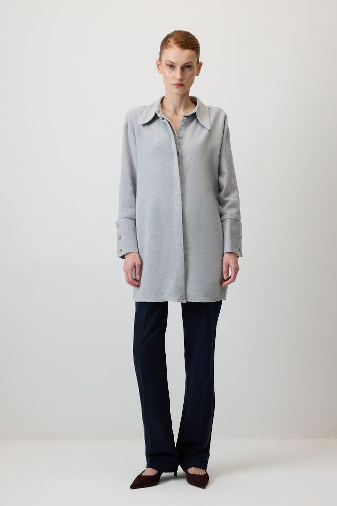 Touche Prive Gri Zarif Resmi Düğmeli Gömlek Toptan Giyim Gündelik