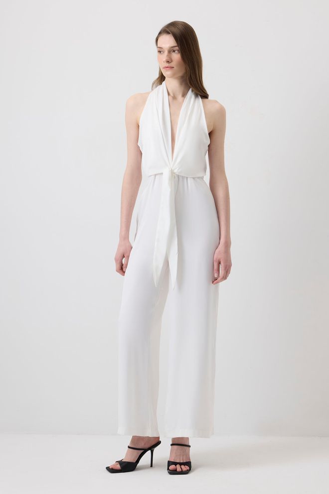 Touche Prive Macacão Branco Elegante Slim Fit Sem Mangas Com Decote Halter E Mangas Japonesas Roupas por atacado Vintage