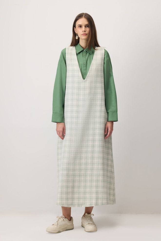 Touche Prive Yeşil Damalı Shift Elbise V Yakalı Midi Toptan Giyim Tesettür