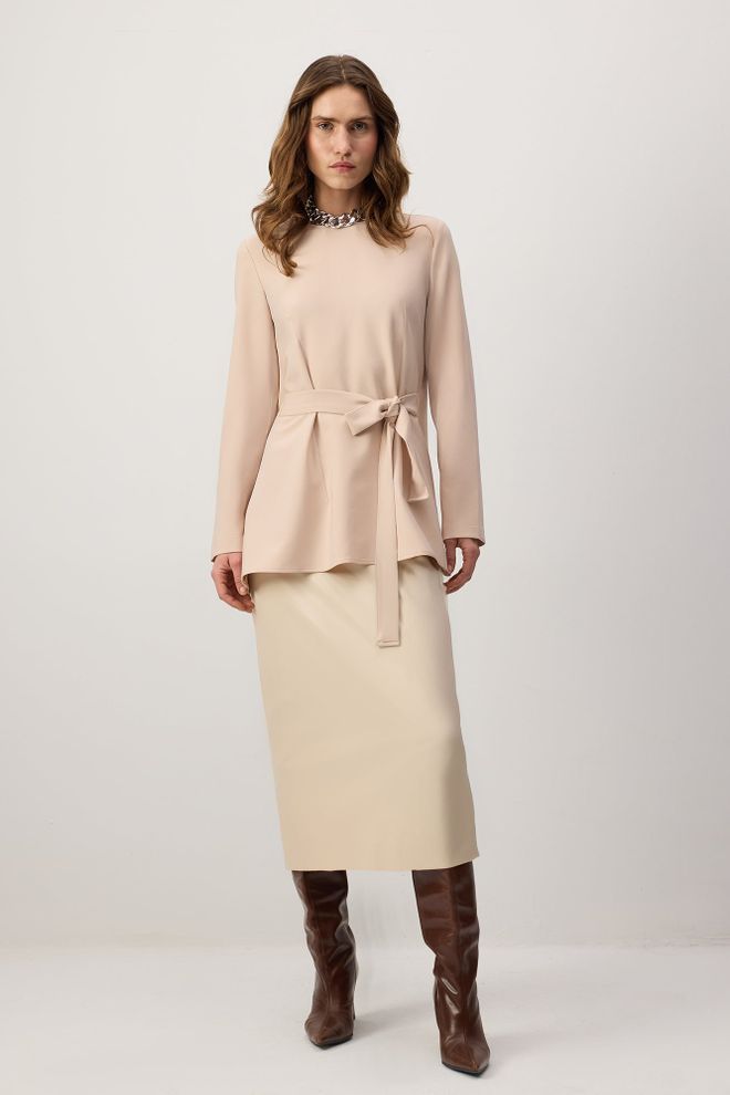 Touche Prive Elegant Beige Tunic With Tie Closure Wholesale Clothing Modest