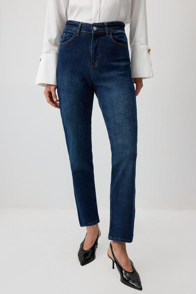 Touche Prive Mavi Mom Pantolon Yüksek Bel Düz Paça Fermuarlı Toptan Giyim Gündelik