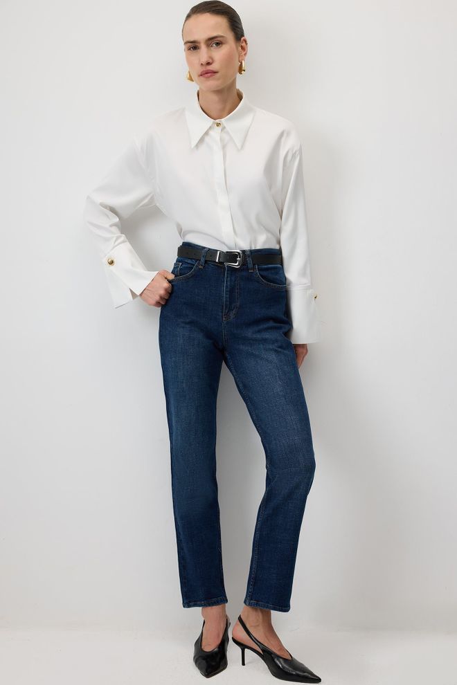 Touche Prive Blue Mom Pants High Waist Straight Leg Zip Up Wholesale Clothing Spring