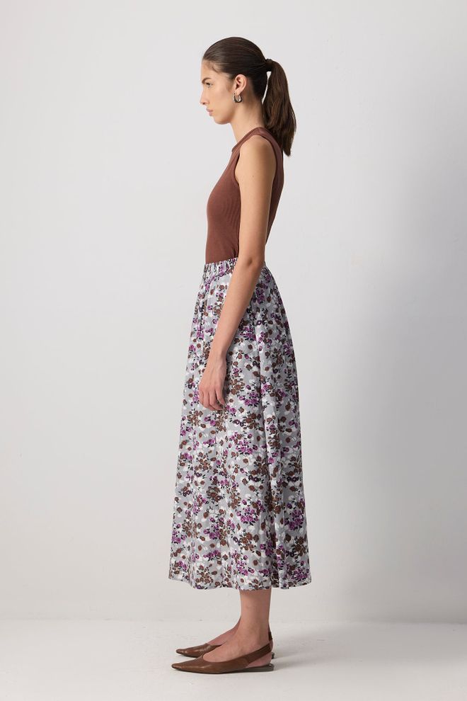 Touche Prive Beyaz Yüksek Bel Geniş Midi Etek Toptan Giyim Gündelik