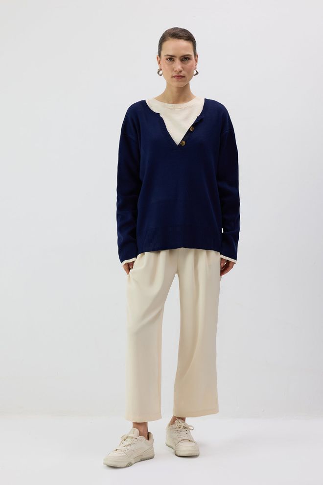 Touche Prive Lacivert V Yaka Kazak Ve Uzun Kollu Toptan Giyim Gündelik