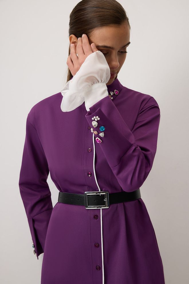 Touche Prive Zarif Mor Bluz Polo Yaka Ve Uzun Kollu Toptan Giyim Gündelik