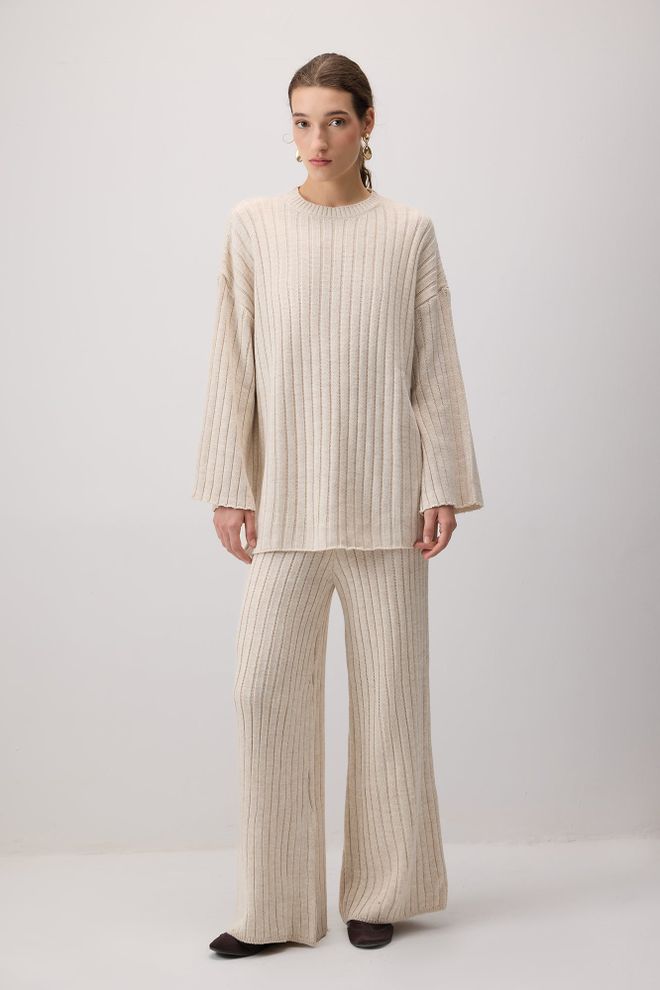 Touche Prive Bej Çizgili Gündelik Zarif Set Toptan Giyim Tesettür