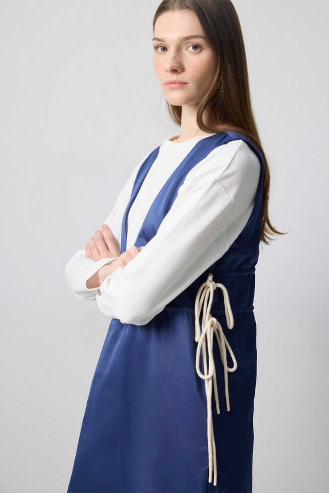 Touche Prive Mavi Zarif Slip Elbise V Yakalı Ve Uzun Kollu Toptan Giyim Tesettür