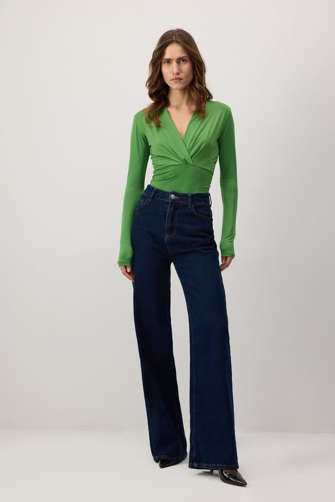 Touche Prive Body Vert Ajusté À Manches Longues Et Encolure Plongeante Vêtements en gros Décontracté