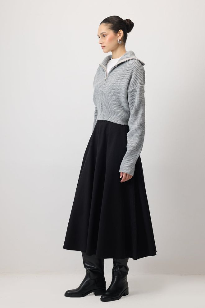 Touche Prive Gri Düz Fermuarlı Uzun Kollu Kapüşonlu Hırka Toptan Giyim Gündelik