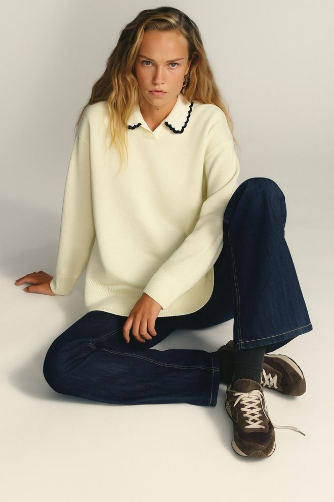 Touche Prive Beyaz Polo Yakalı Oversized Kazak Toptan Giyim Gündelik