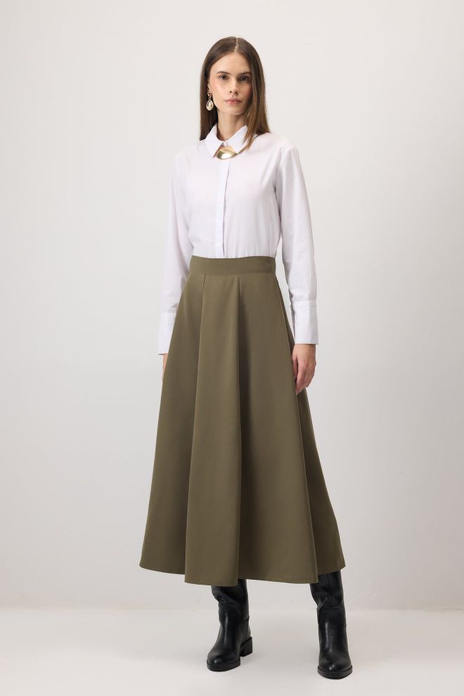 Touche Prive Haki Yüksek Bel Fermuarlı Flared Maxi Etek Toptan Giyim Tesettür