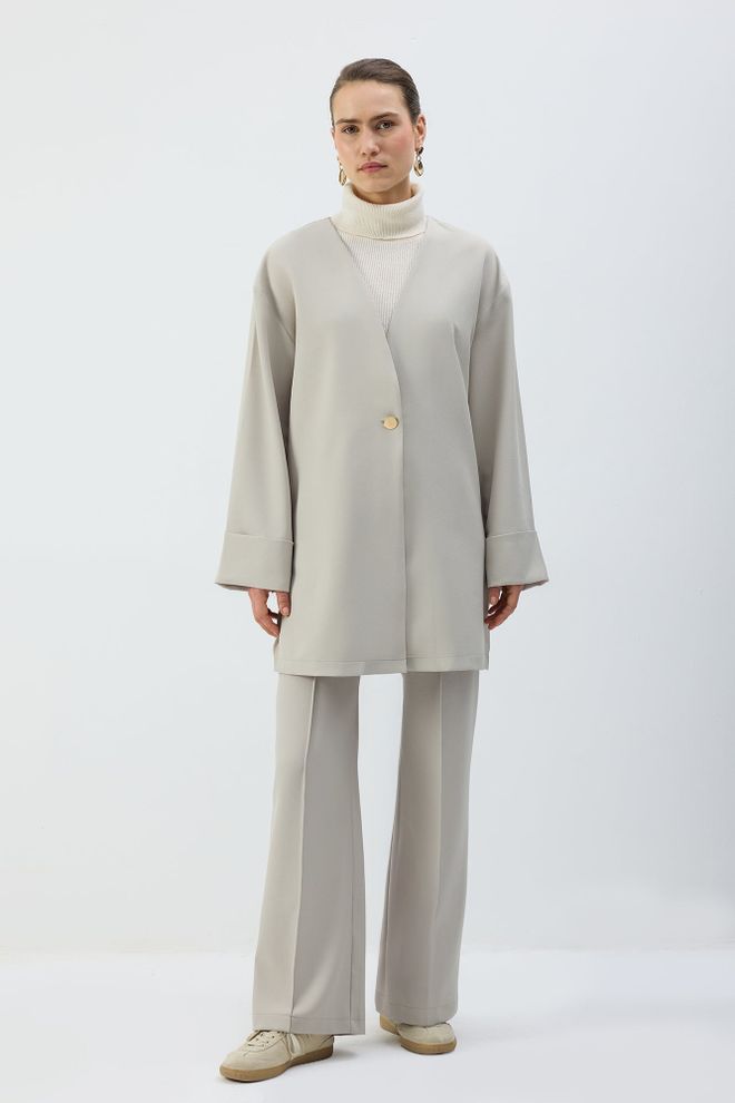 Touche Prive Bej Tek Düğmeli Oversize Ceket Toptan Giyim Tesettür