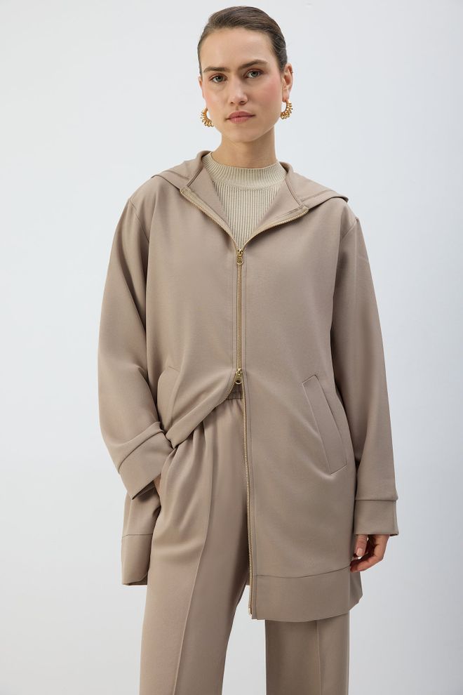 Touche Prive Beige Hooded Jacket For Casual And Sport Wholesale Clothing 1