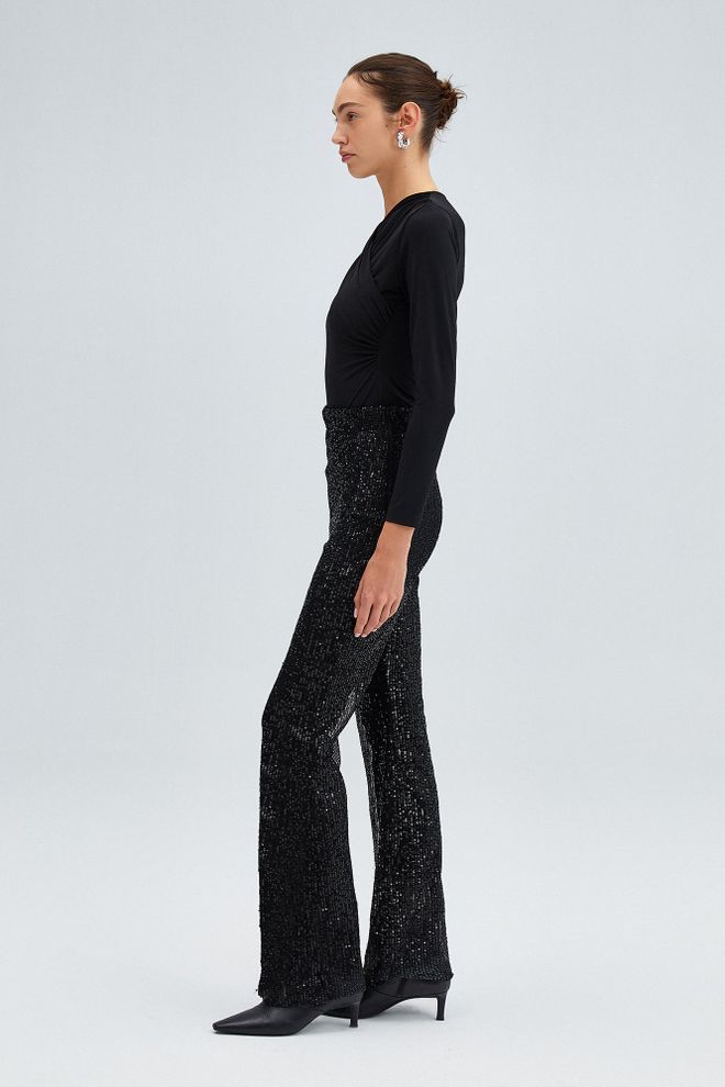 Touche Prive Black Elegant Glam Bodysuit With Sequined V Neck Wholesale Clothing Formal