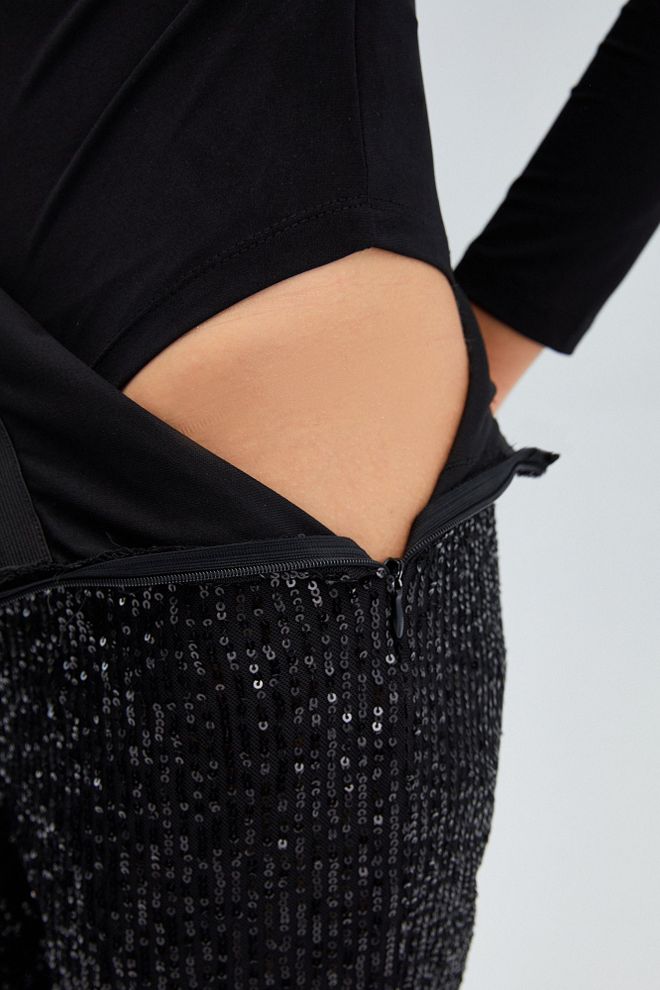 Touche Prive Black Elegant Glam Bodysuit With Sequined V Neck Wholesale Clothing Work