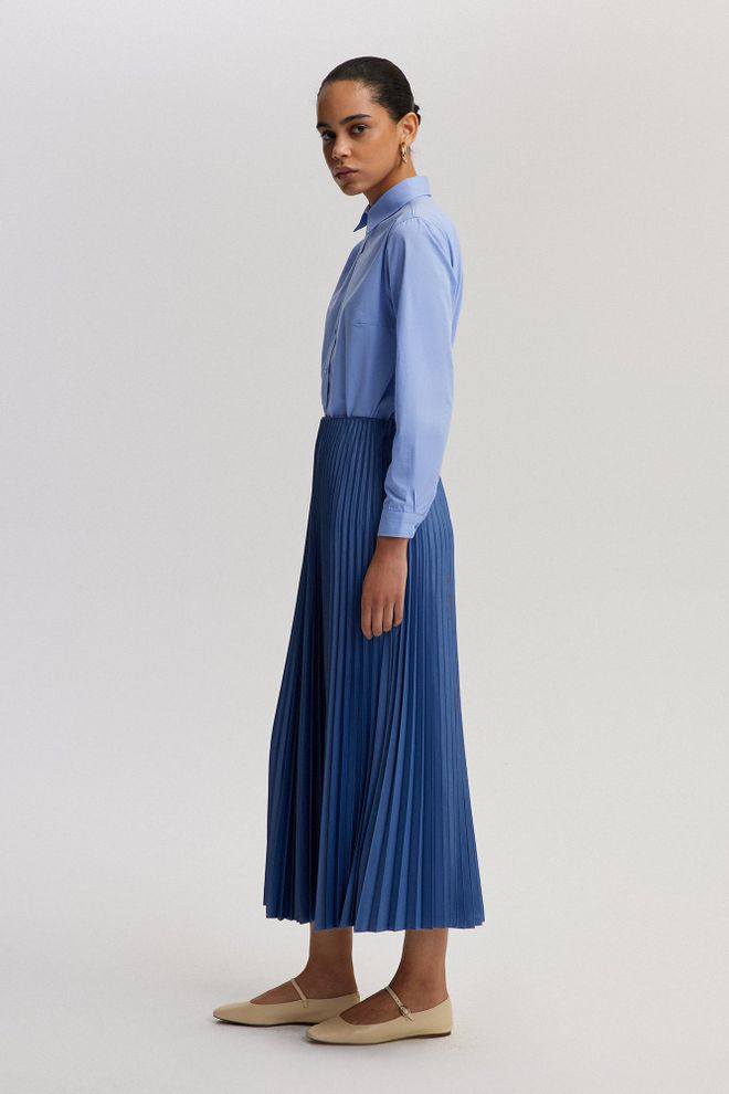 Touche Prive Mavi Pileli Midi Etek Yüksek Bel Toptan Giyim Gündelik