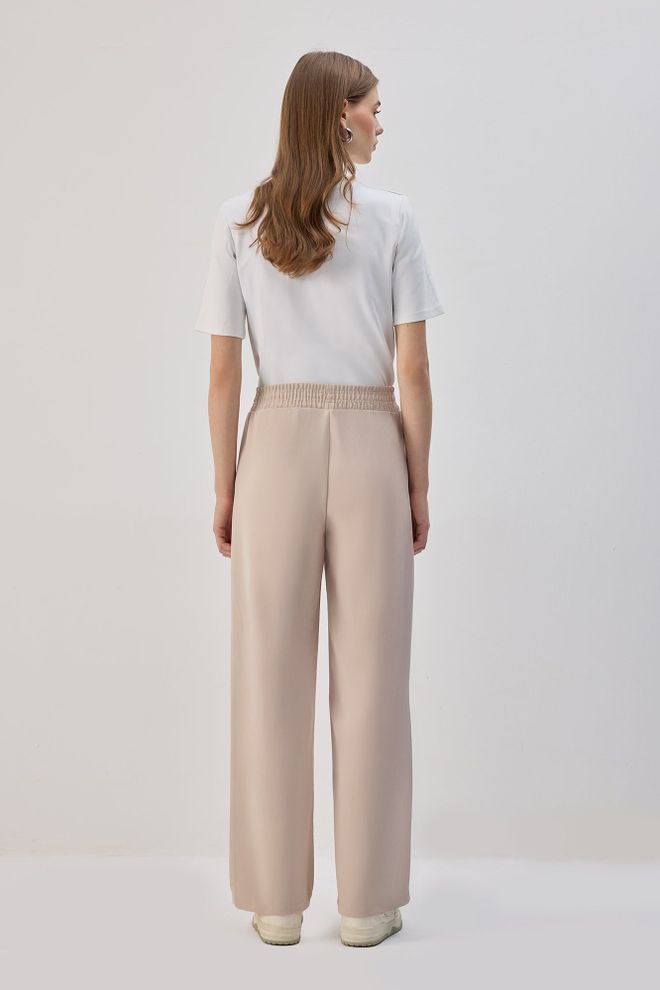 Touche Prive Bej Palazzo Pantolon Yüksek Bel İp Büzgülü Toptan Giyim Tesettür