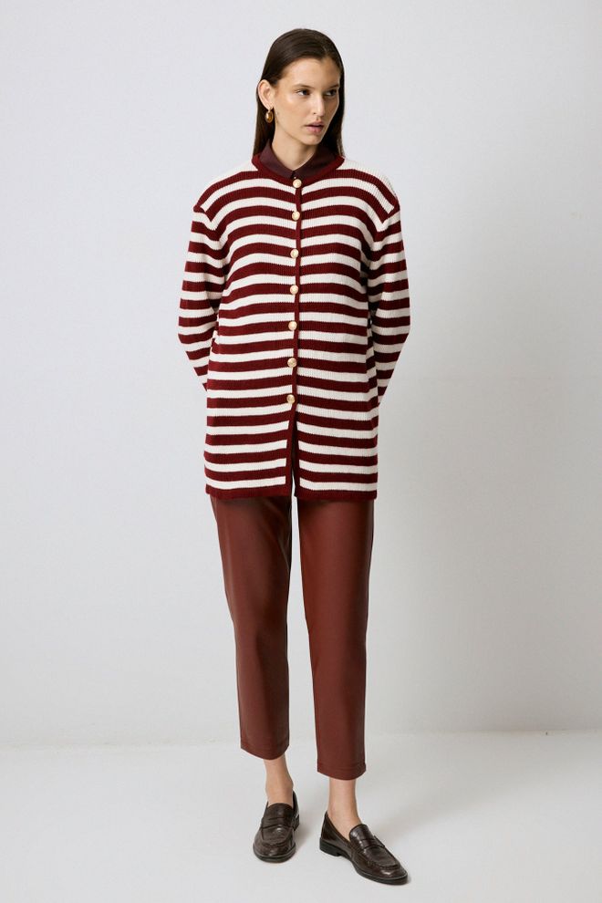 Touche Prive Claret Red Casual Striped Buttoned Cardigan Wholesale Clothing 5