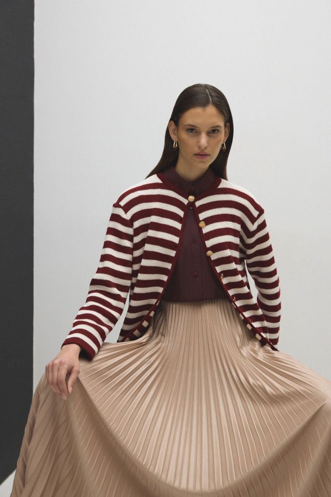 Touche Prive Claret Red Casual Striped Buttoned Cardigan Wholesale Clothing Spring