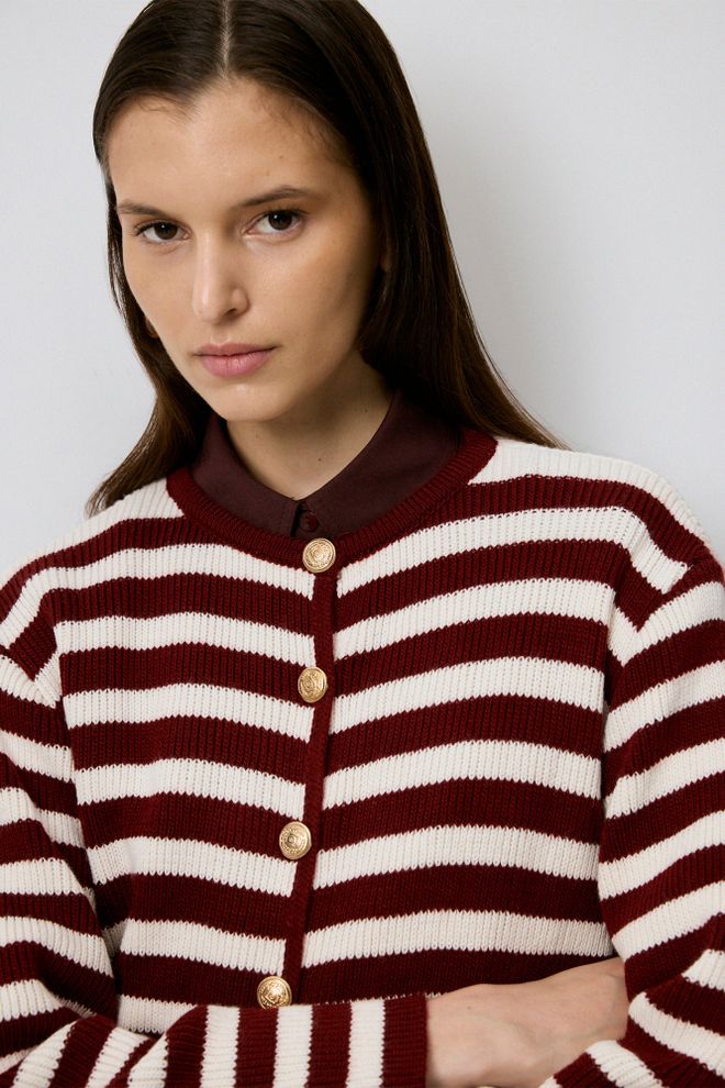 Touche Prive Claret Red Casual Striped Buttoned Cardigan Wholesale Clothing Fall