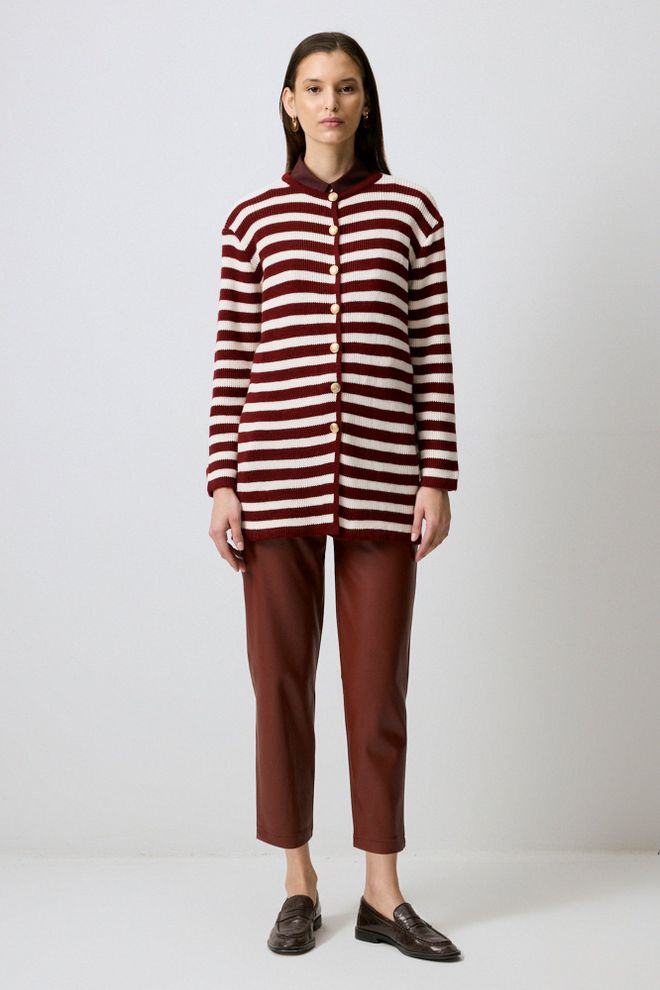 Touche Prive Claret Red Casual Striped Buttoned Cardigan Wholesale Clothing Vintage