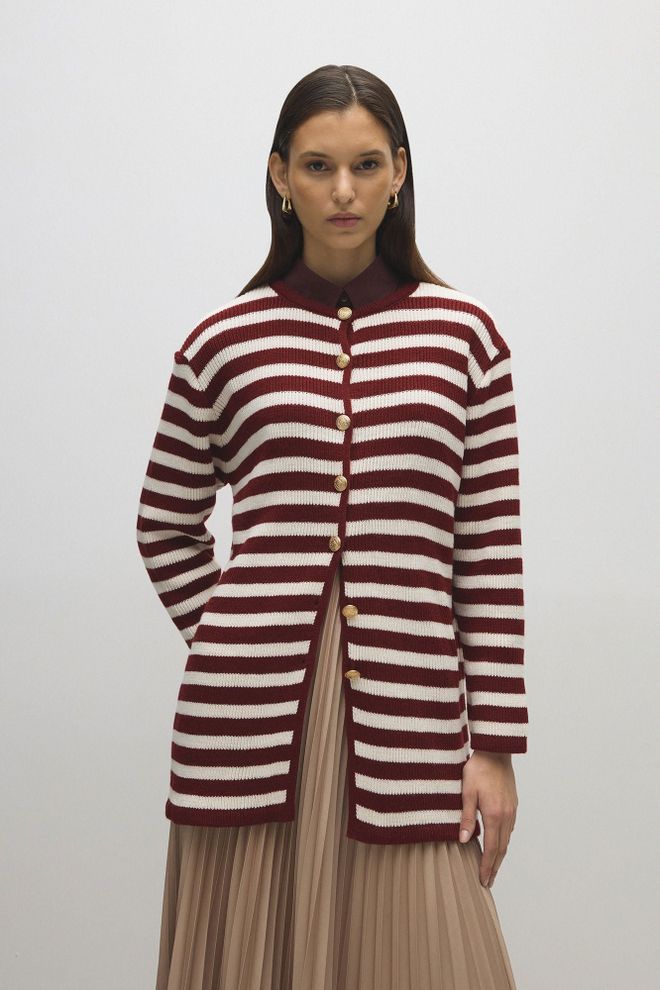 Touche Prive Claret Red Casual Striped Buttoned Cardigan Wholesale Clothing 1