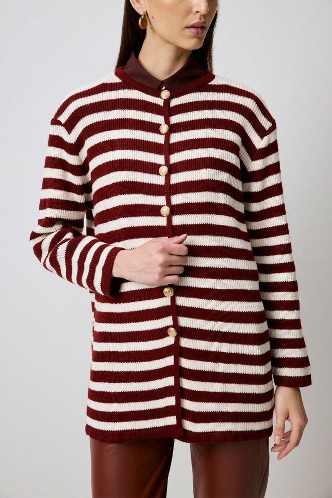 Touche Prive Claret Red Casual Striped Buttoned Cardigan Wholesale Clothing 9