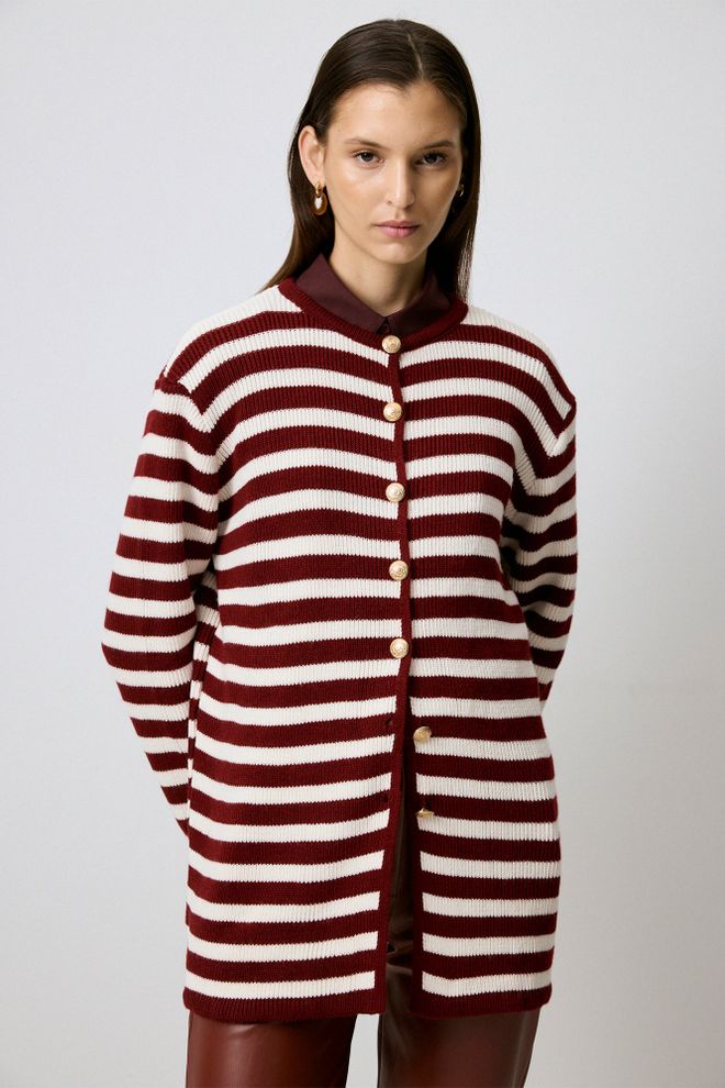 Touche Prive Claret Red Casual Striped Buttoned Cardigan Wholesale Clothing Formal