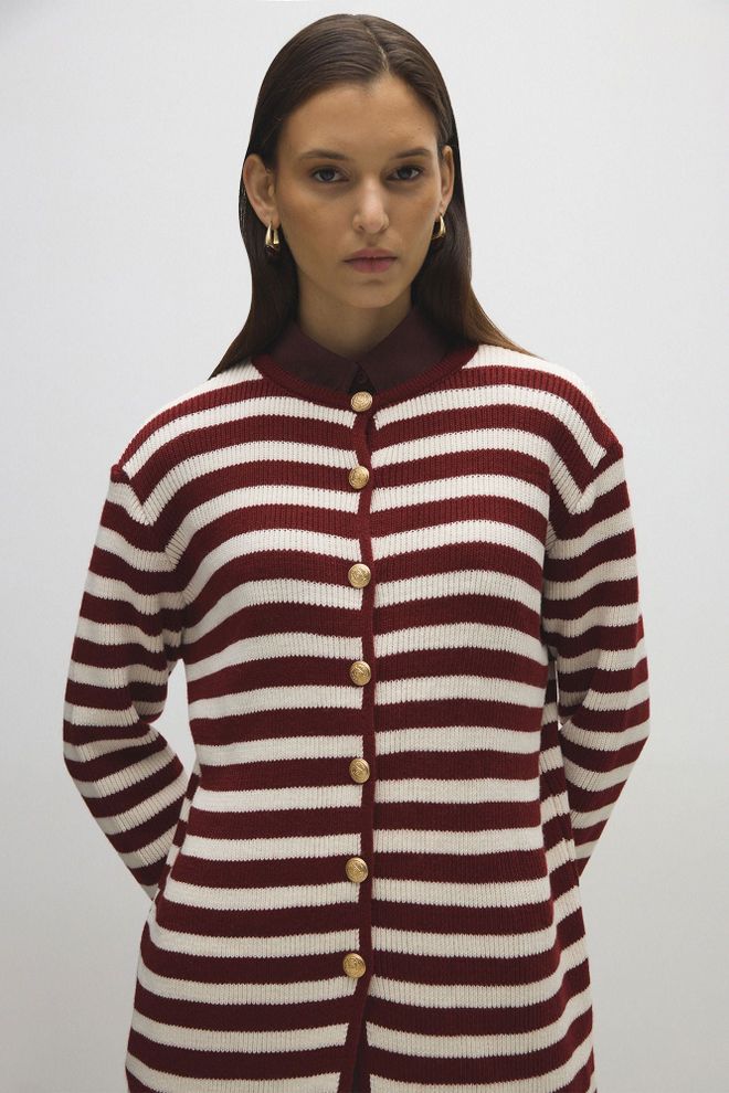 Touche Prive Hırka Bordo Gündelik Çizgili Düğmeli Toptan Giyim Gündelik